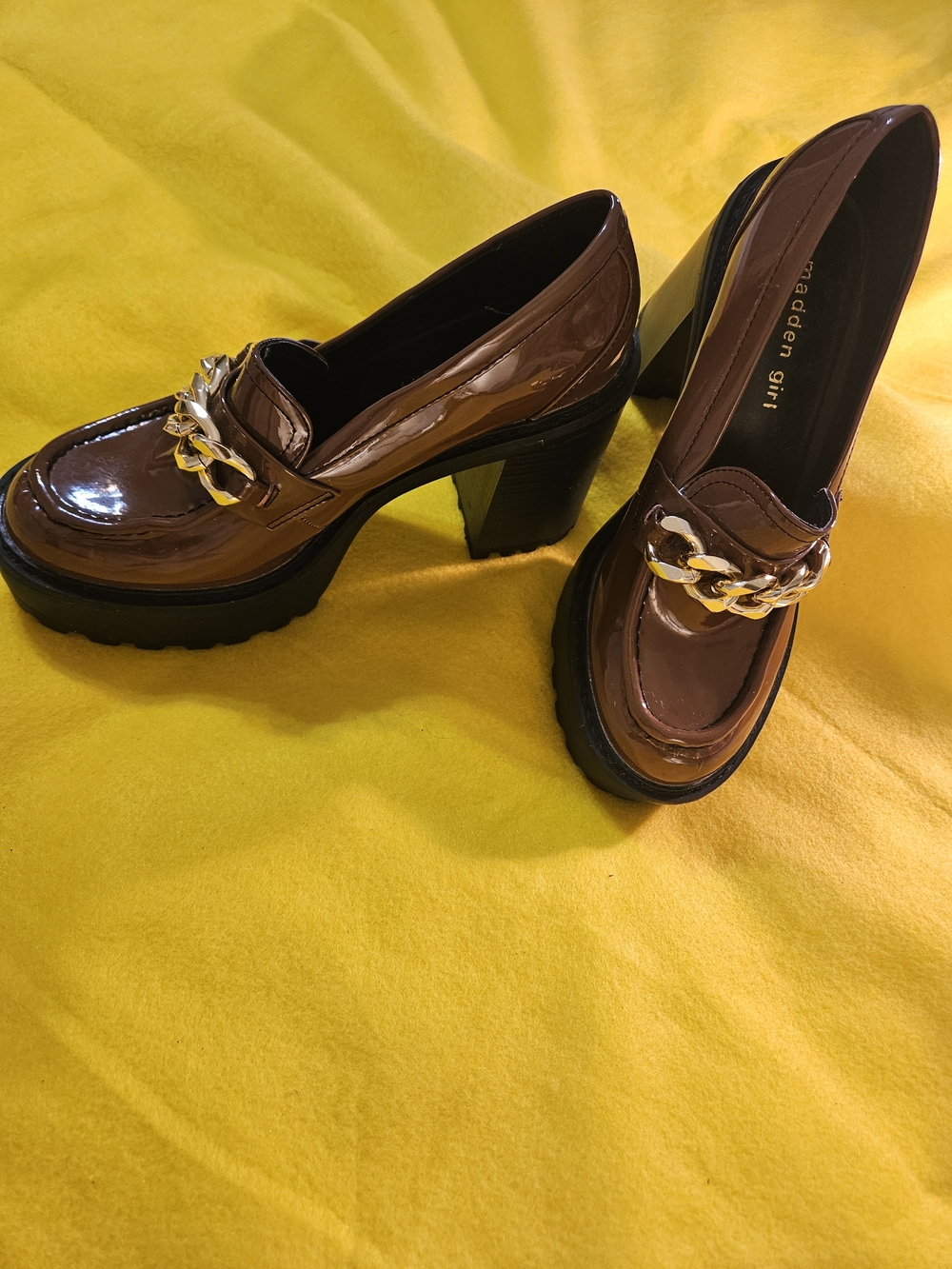 Madden Girl Brown Patent Block Heel Loafers with Gold Chain